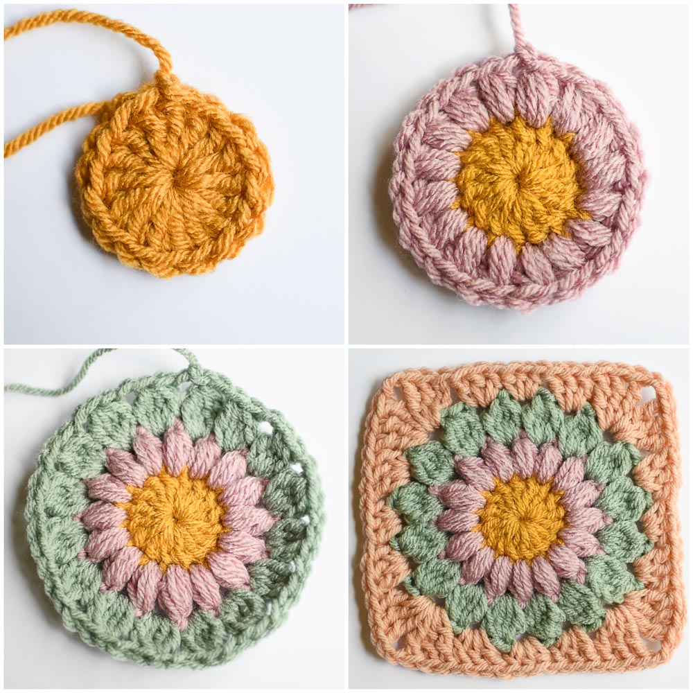 A collage of each step of the granny square