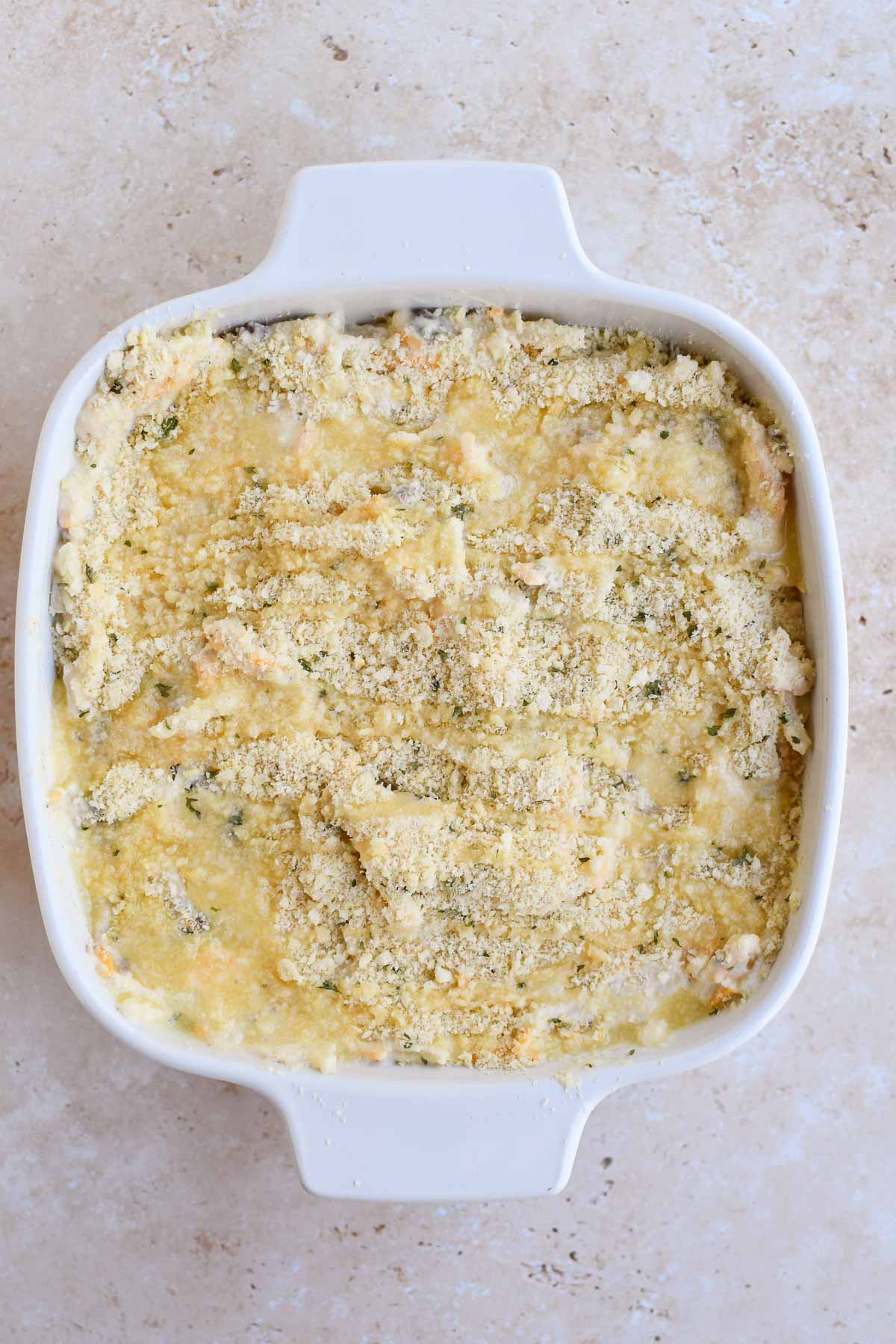 Hashbrown and Ground Beef Casserole assembled and ready to bake