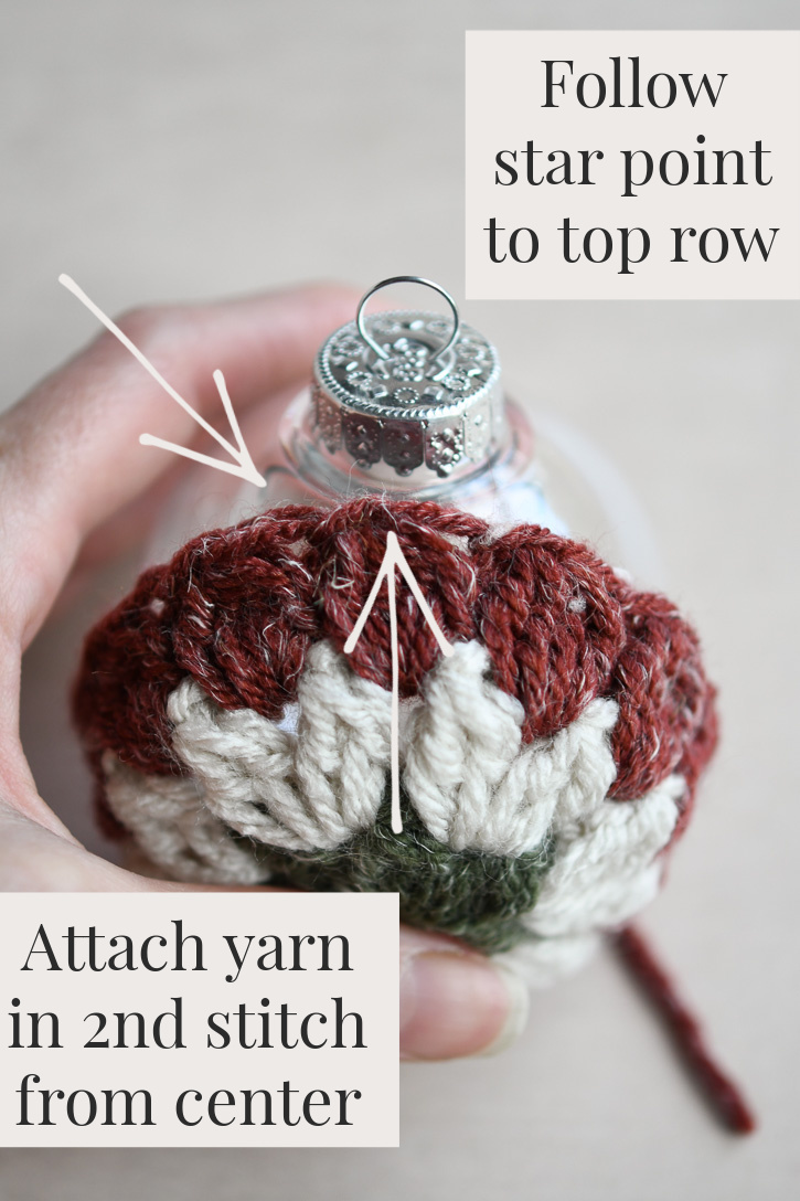 Instructional image showing where to attach the yarn for the 4th round of single crochet stitches