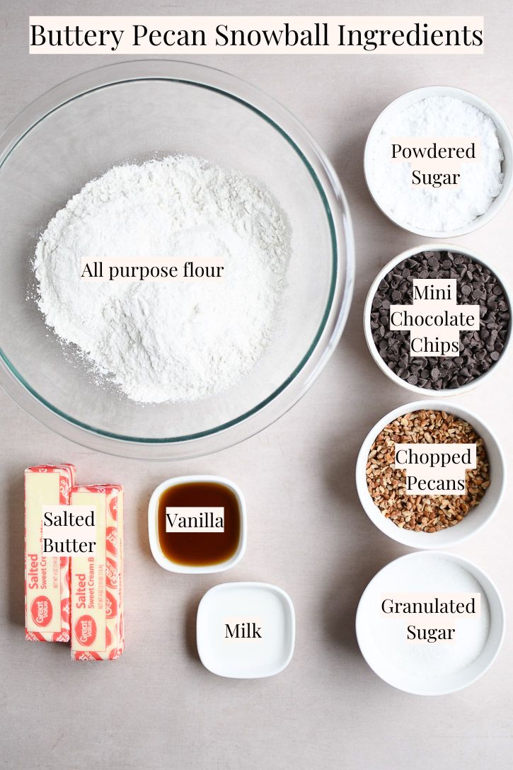 Ingredients for making Buttery Pecan Snowball Cookies with mini chocolate chips