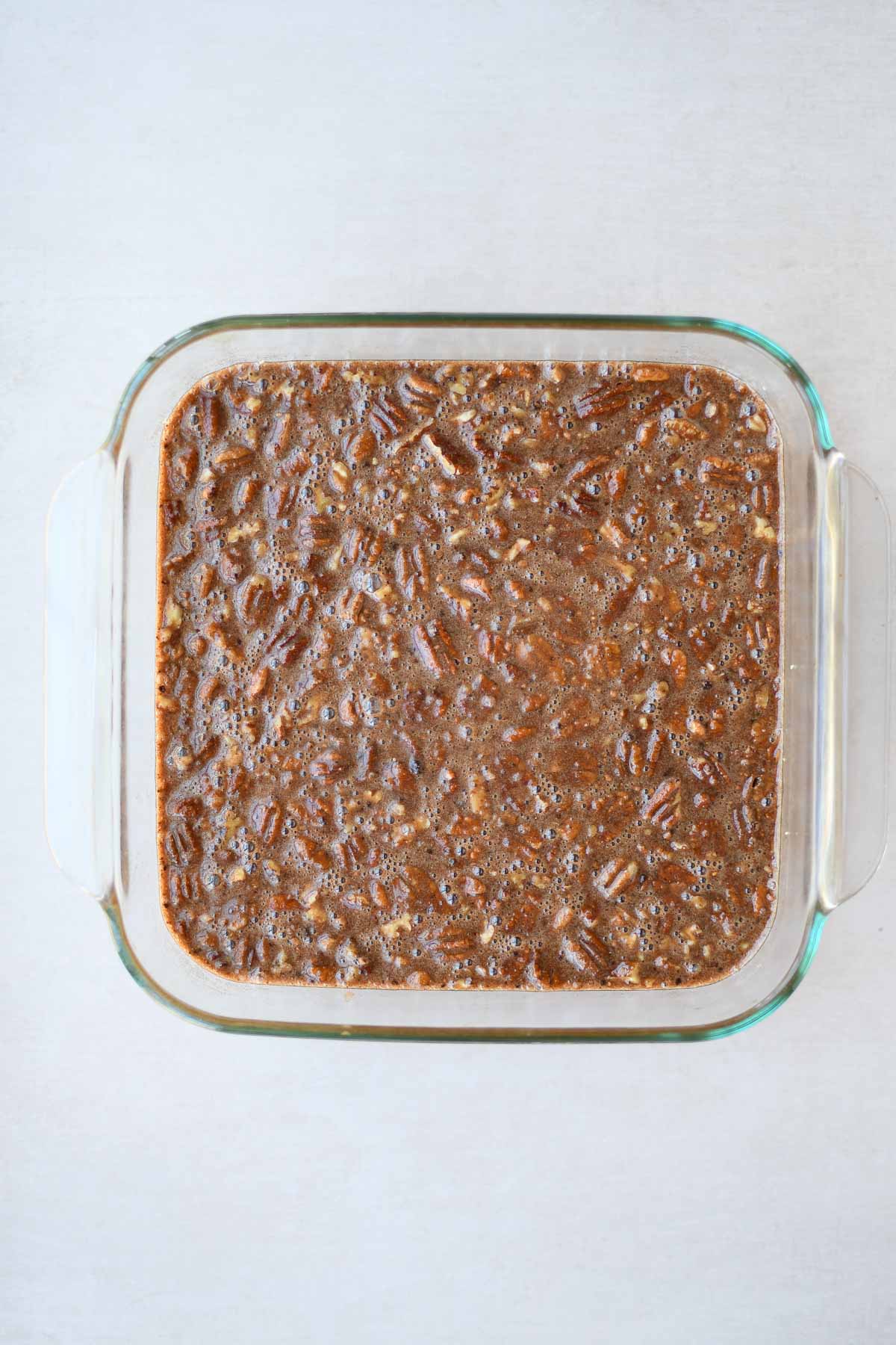 The chocolate pecan pie filling before baking